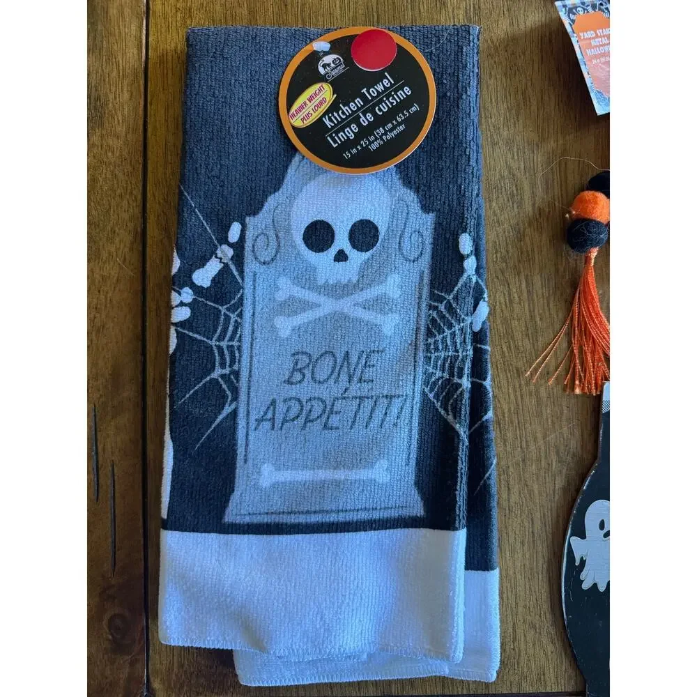 NWT Halloween Decor Lot Ghost Pumpkin Bone Appetit Towel Yard Sign Fall Decor